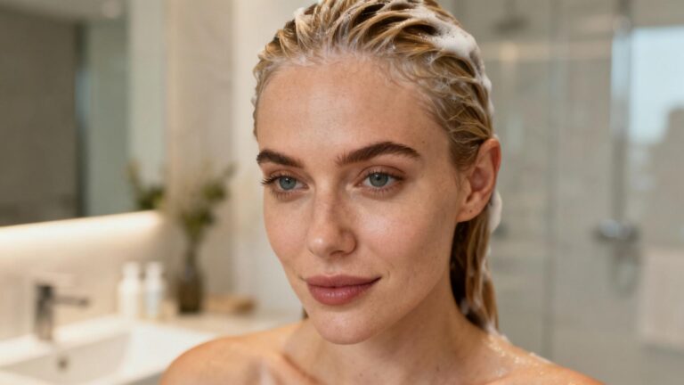 Femme appliquant un shampoing antipelliculaire sur ses cheveux mouillés dans une salle de bain moderne