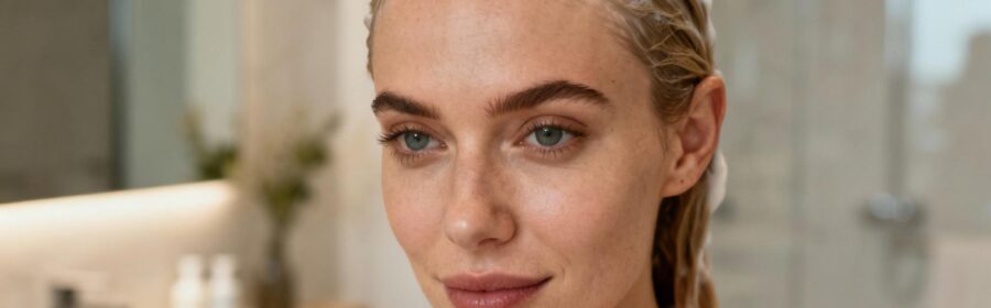 Femme appliquant un shampoing antipelliculaire sur ses cheveux mouillés dans une salle de bain moderne