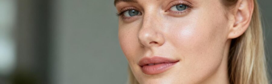 Portrait d'une femme européenne montrant une peau saine avec une texture naturelle et une hydratation équilibrée