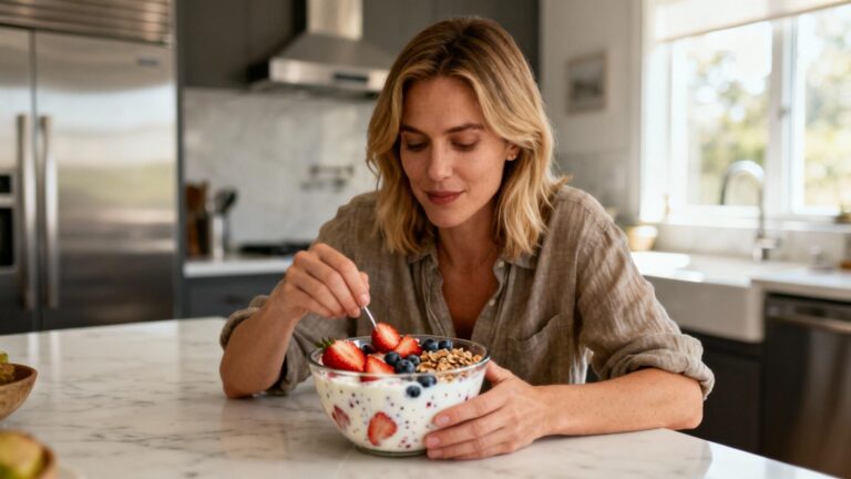 Une jeune femme européenne savoure un yaourt sain avec des fruits frais dans une cuisine moderne éclairée naturellement