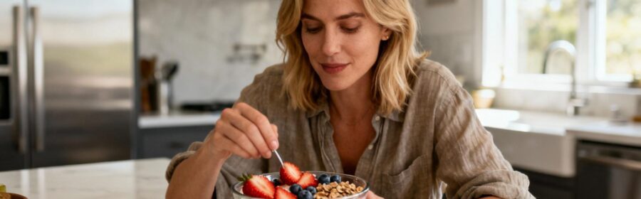 Une jeune femme européenne savoure un yaourt sain avec des fruits frais dans une cuisine moderne éclairée naturellement
