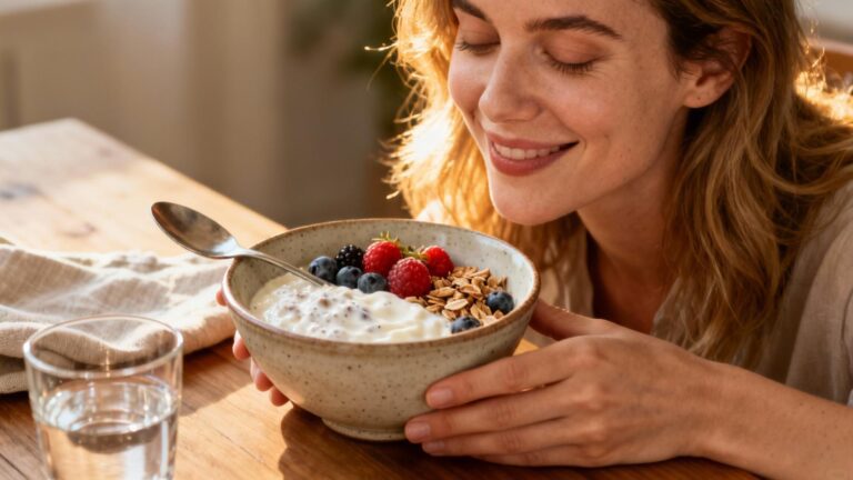Jeune femme européenne souriante mangeant un yaourt probiotique crémeux dans une cuisine ensoleillée