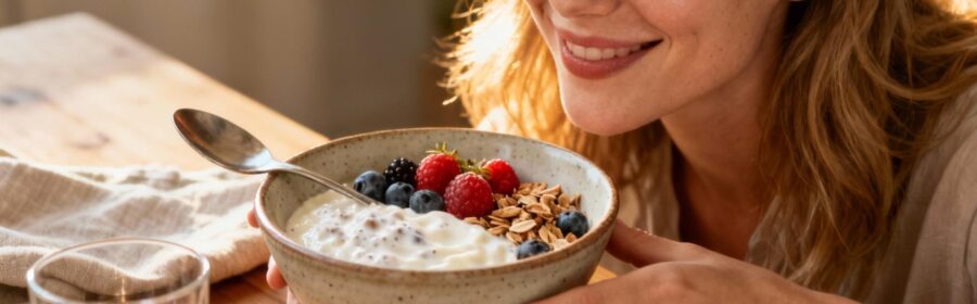 Jeune femme européenne souriante mangeant un yaourt probiotique crémeux dans une cuisine ensoleillée