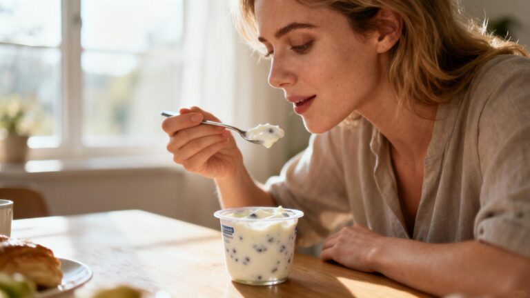 Jeune femme caucasienne souriante mangeant un yaourt aux probiotiques à table le matin, lumière douce