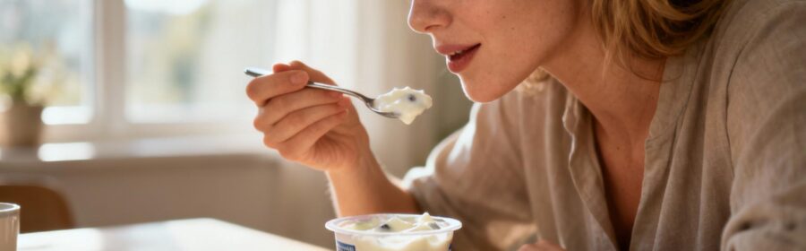 Jeune femme caucasienne souriante mangeant un yaourt aux probiotiques à table le matin, lumière douce