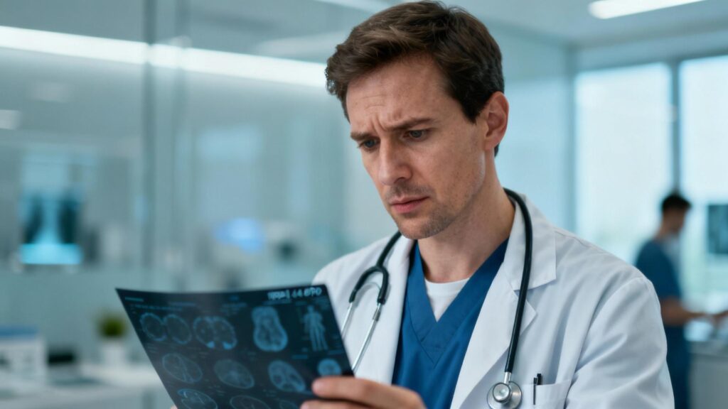 Médecin européen examinant attentivement des résultats de test médicaux dans une clinique moderne