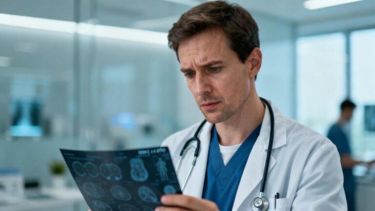 Médecin européen examinant attentivement des résultats de test médicaux dans une clinique moderne