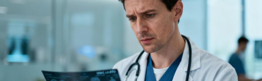Médecin européen examinant attentivement des résultats de test médicaux dans une clinique moderne