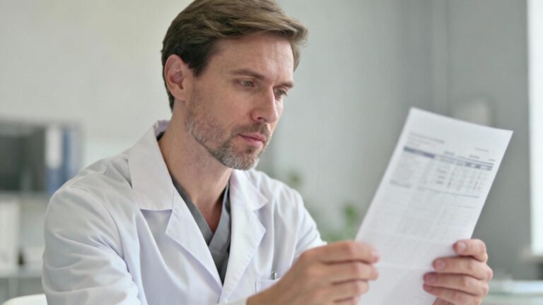 Médecin européen en blouse blanche analysant des résultats d'analyses médicales sur un écran d'ordinateur dans une clinique moderne