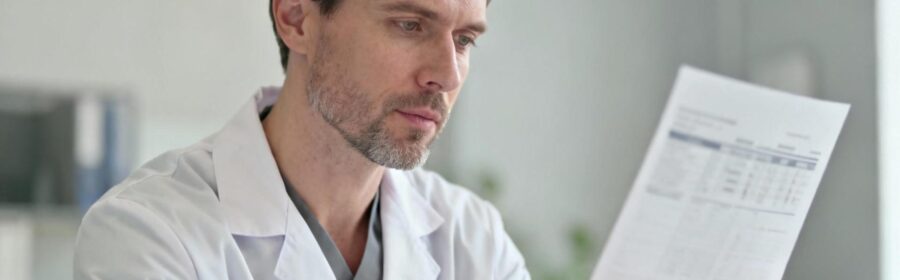 Médecin européen en blouse blanche analysant des résultats d'analyses médicales sur un écran d'ordinateur dans une clinique moderne