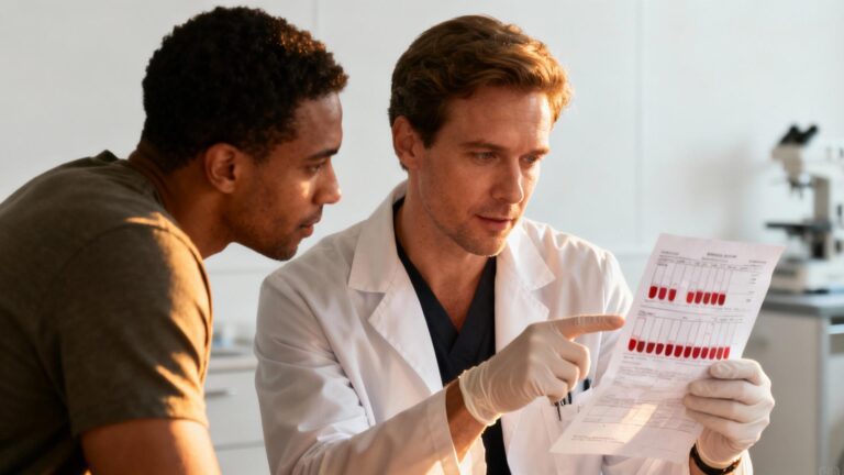 Médecin en blouse blanche examinant des résultats de test sanguin avec un patient dans un environnement médical
