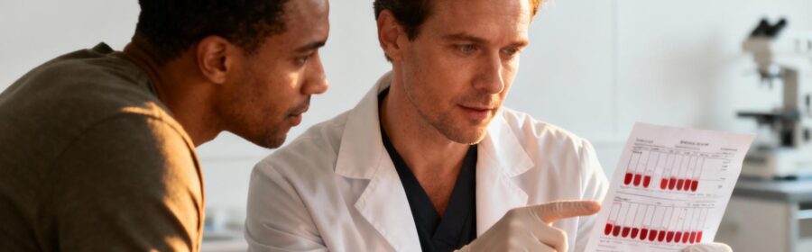 Médecin en blouse blanche examinant des résultats de test sanguin avec un patient dans un environnement médical