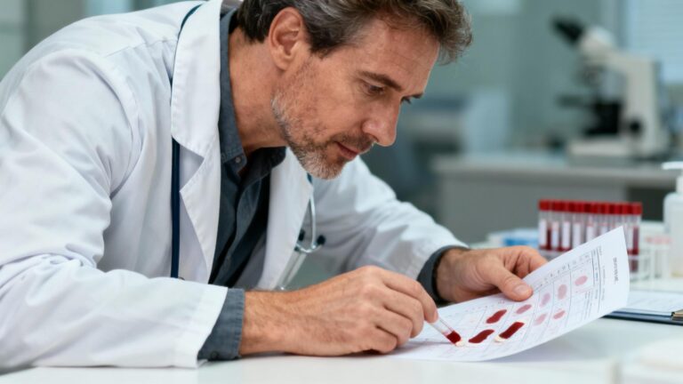 Médecin européen examinant attentivement des résultats de test sanguin dans un laboratoire moderne