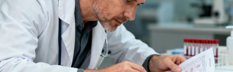 Médecin européen examinant attentivement des résultats de test sanguin dans un laboratoire moderne