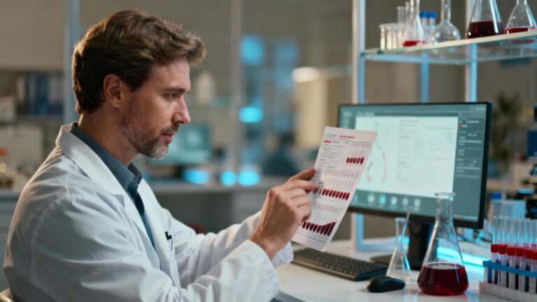 Médecin européen examinant des résultats de test sanguin dans un laboratoire moderne équipé