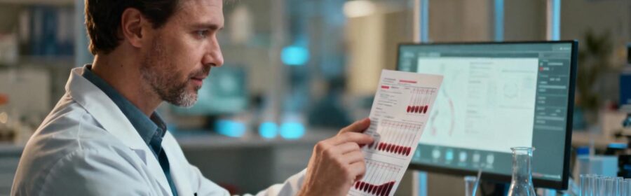 Médecin européen examinant des résultats de test sanguin dans un laboratoire moderne équipé
