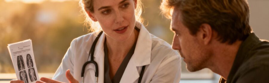 Médecin femme expliquant des résultats d'analyse montrant un excès de fer à un patient lors d'une consultation médicale