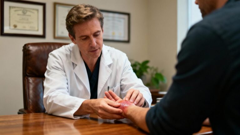 Médecin européen examinant attentivement la main d'un patient présentant une inflammation articulaire dans un cabinet médical