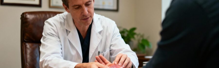 Médecin européen examinant attentivement la main d'un patient présentant une inflammation articulaire dans un cabinet médical