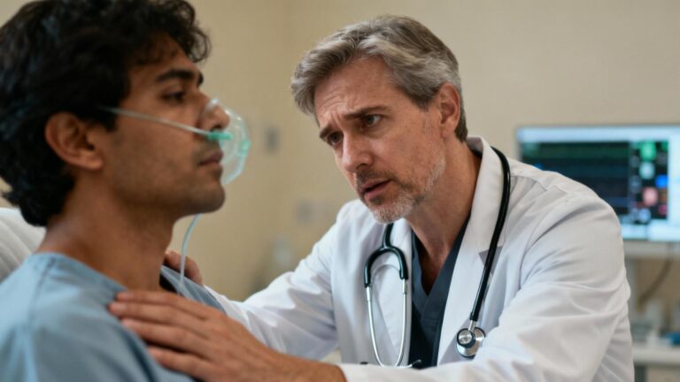 Médecin européen examinant attentivement un patient présentant des difficultés respiratoires dans un environnement médical
