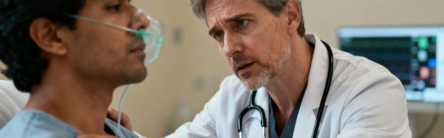 Médecin européen examinant attentivement un patient présentant des difficultés respiratoires dans un environnement médical