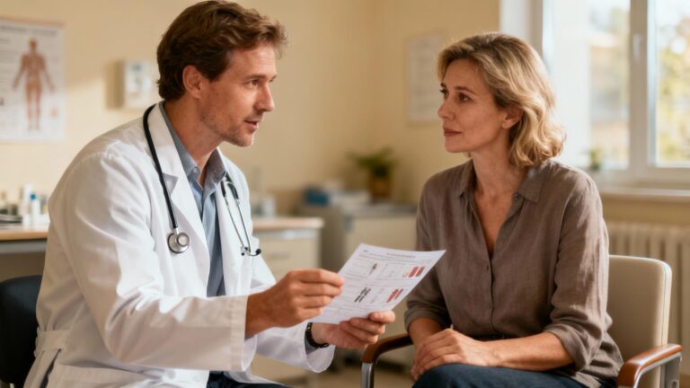 Médecin caucasien expliquant des résultats d'analyse à une femme européenne lors d'une consultation médicale