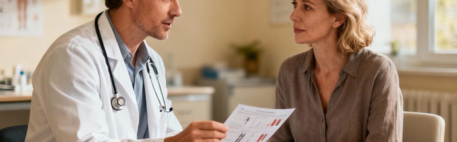 Médecin caucasien expliquant des résultats d'analyse à une femme européenne lors d'une consultation médicale