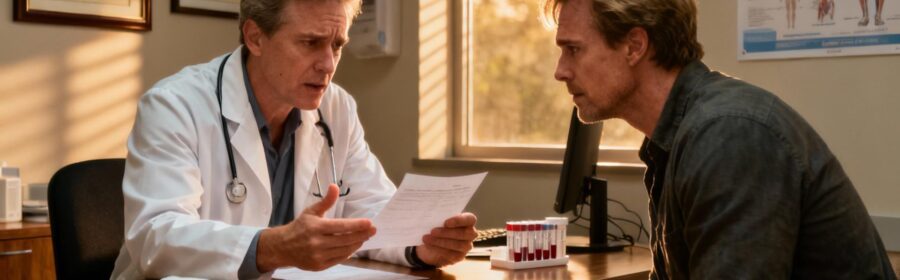 Médecin européen expliquant les résultats d'une prise de sang à un patient dans un cabinet médical lumineux