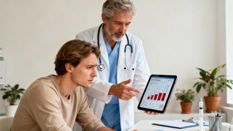 Médecin européen expliquant les résultats d'un bilan sanguin à un patient dans une clinique moderne
