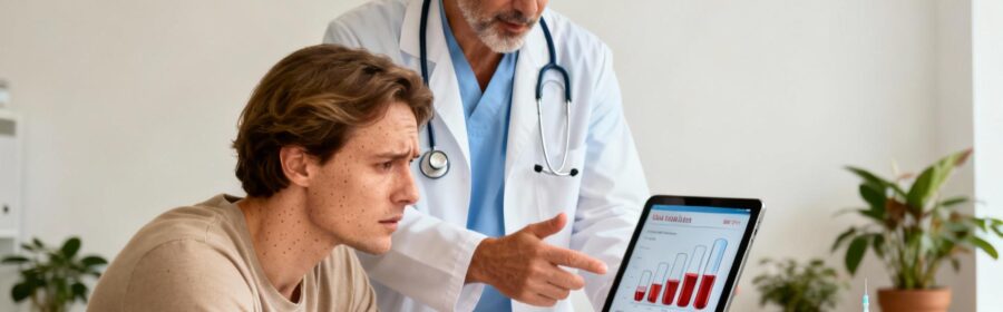 Médecin européen expliquant les résultats d'un bilan sanguin à un patient dans une clinique moderne