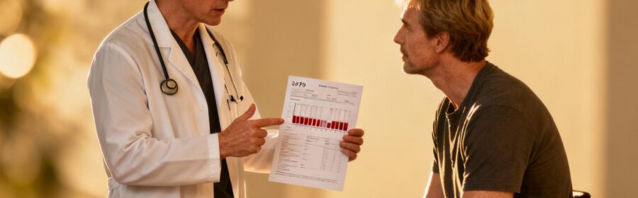 Médecin européen expliquant des résultats de prise de sang à un patient dans un cabinet médical