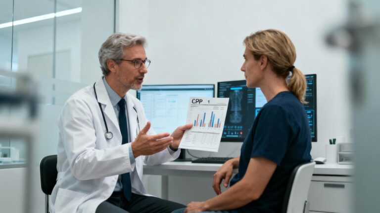 Médecin en blouse blanche discutant des résultats d'un test CRP avec un patient dans un cabinet médical moderne