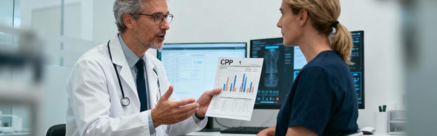 Médecin en blouse blanche discutant des résultats d'un test CRP avec un patient dans un cabinet médical moderne