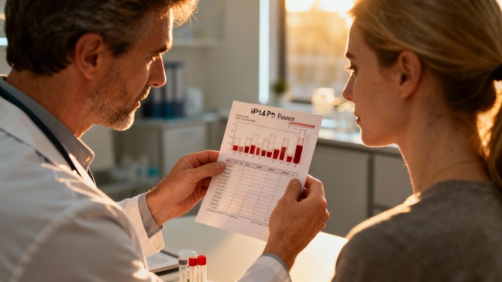 Médecin européen en blouse blanche expliquant des résultats de test sanguin à un patient dans une clinique moderne
