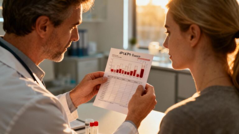 Médecin européen en blouse blanche expliquant des résultats de test sanguin à un patient dans une clinique moderne