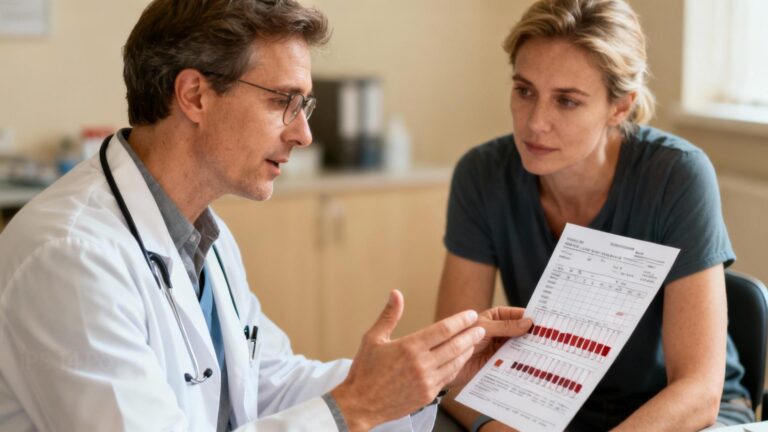 Médecin européen expliquant les résultats d'une prise de sang à un patient dans un cabinet médical