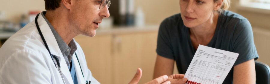 Médecin européen expliquant les résultats d'une prise de sang à un patient dans un cabinet médical