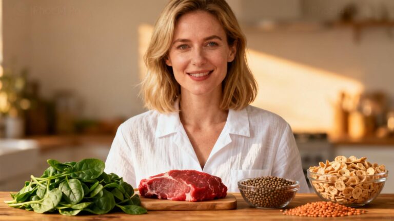Nutritionniste européenne souriante présentant divers aliments riches en fer sur une table en bois