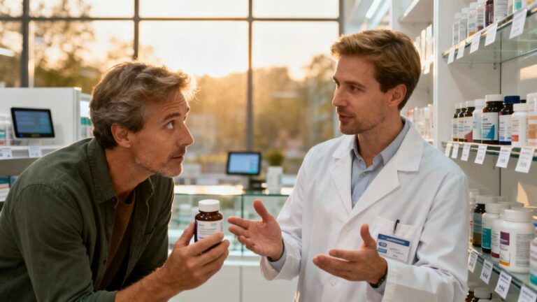 Pharmacien caucasien discutant avec un client européen devant un rayon de probiotiques en pharmacie moderne