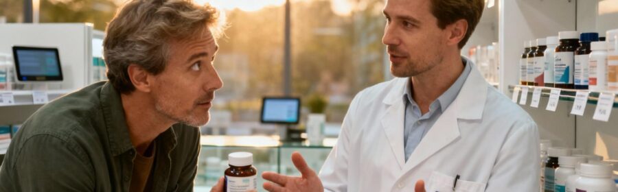 Pharmacien caucasien discutant avec un client européen devant un rayon de probiotiques en pharmacie moderne