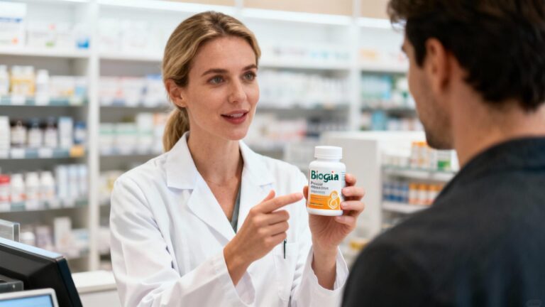 Pharmacienne européenne expliquant les bienfaits des probiotiques Biogaia à un client dans une pharmacie moderne