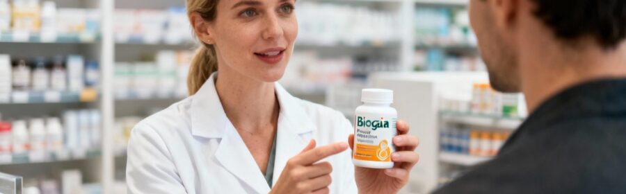 Pharmacienne européenne expliquant les bienfaits des probiotiques Biogaia à un client dans une pharmacie moderne