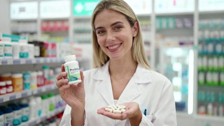 Pharmacienne européenne présentant des probiotiques dans une pharmacie moderne avec éclairage naturel