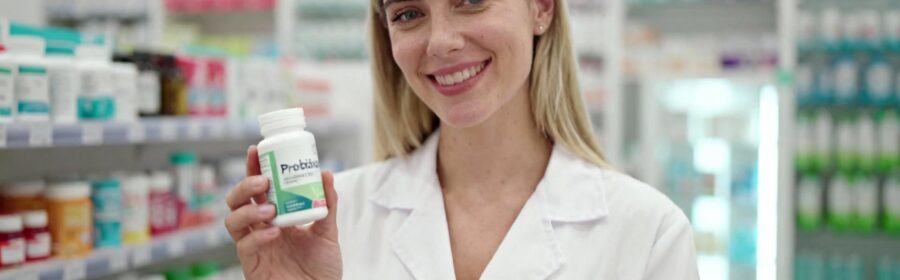 Pharmacienne européenne présentant des probiotiques dans une pharmacie moderne avec éclairage naturel