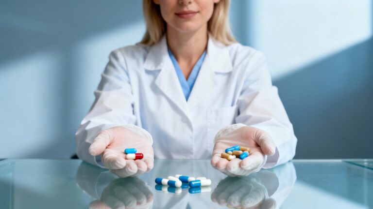 Professionnelle de santé européenne tenant des gélules de probiotiques et antibiotiques sur fond neutre