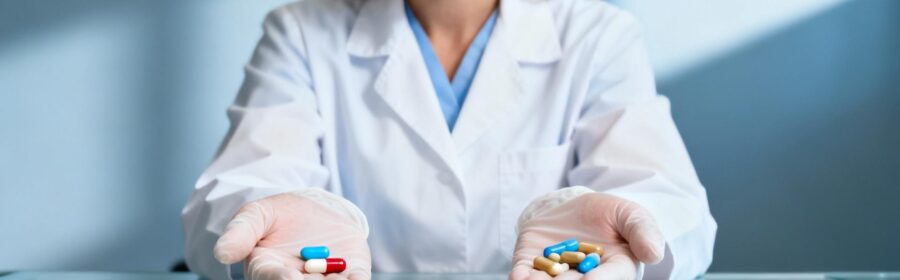 Professionnelle de santé européenne tenant des gélules de probiotiques et antibiotiques sur fond neutre