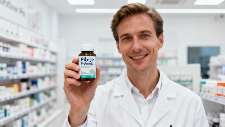Professionnel de santé européen tenant un flacon de probiotique PiLeJe dans une pharmacie moderne