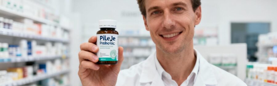 Professionnel de santé européen tenant un flacon de probiotique PiLeJe dans une pharmacie moderne