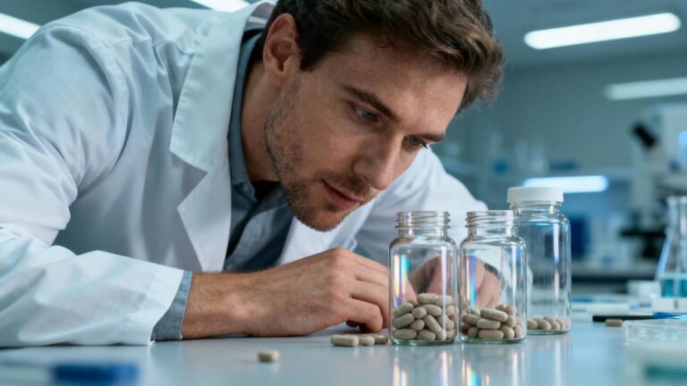 Scientifique en blouse blanche examinant des flacons de probiotiques sur une table de laboratoire éclairée naturellement