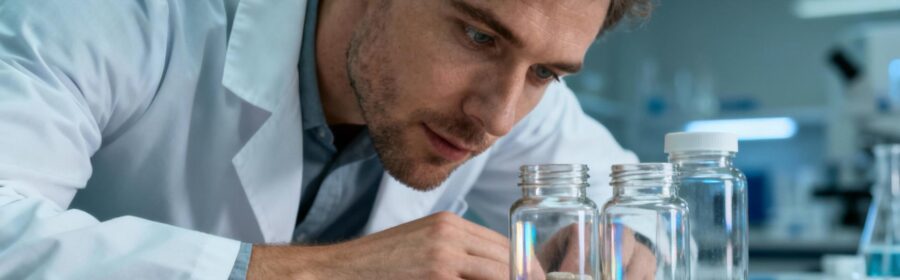 Scientifique en blouse blanche examinant des flacons de probiotiques sur une table de laboratoire éclairée naturellement